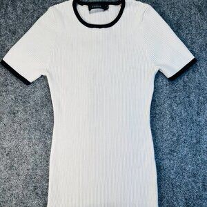 ZESICA WMNS White Ribbed Knit Sweater Large Black Trim Preppy Stretchy Pullover